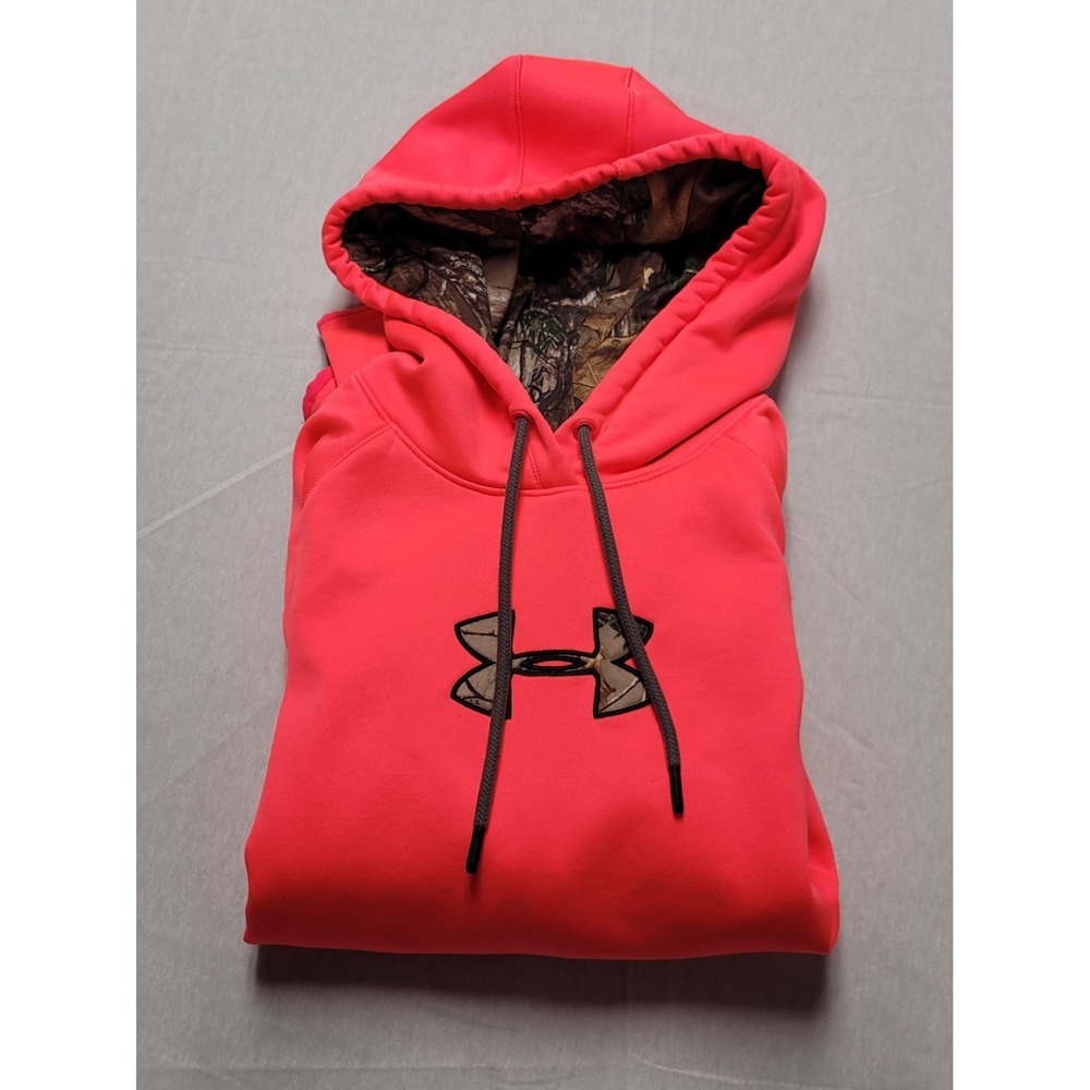 Women's Under Armour UA Logo Cold Gear Melon Orange W/Camo Hoodie Sweatshirt M?